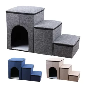 Foldable Pet Stairs With Storage Box 3 Steps Ramp Stairs For Couch Sofa High Bed Puppy Ramp Small Dog Stairs Pet Cat Dog Nest